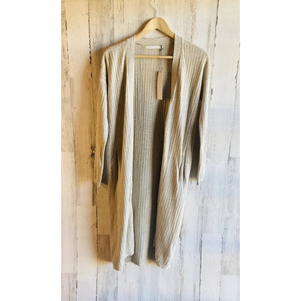 NWT One Grey Day Cotton Cashmere Blend Long Cardigan XS Beige Open Front Duster
